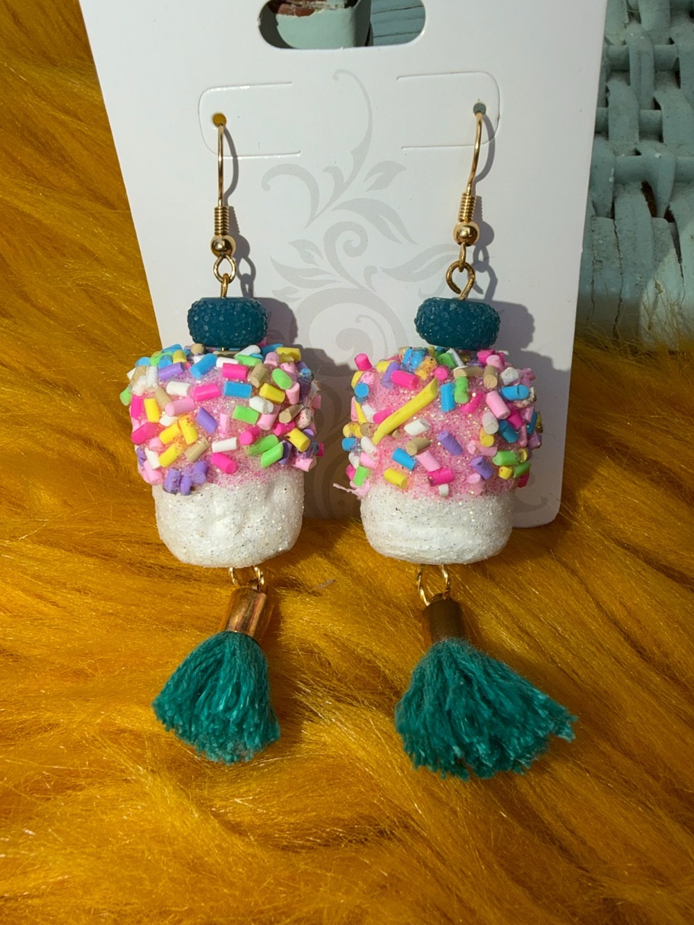 Handcrafted Multicolor Sprinkle Gumdrop Tassel Earrings - Teal Accent